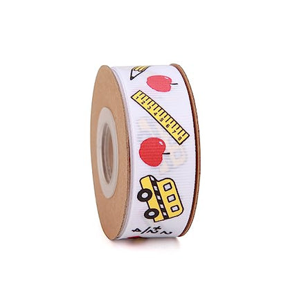 Meseey Back to School Themed Grosgrain Ribbon Ruler School Bus Apple ABC Pencil Backpack Books Chalkboard Printed Craft Ribbons for Teacher Appreciation,Wreath,Gift Wrapping (White) - color: White