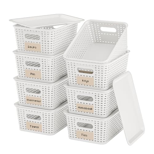 8 Pack Plastic Storage Baskets,White Stackable Bins with Lid - color: White