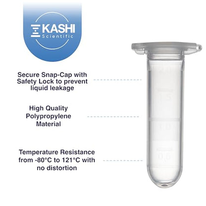 Kashi Scientific 2mL Clear Microcentrifuge Tube with Safe Lock Snap Cap Safety with Graduation, Polypropylene Lab-Grade [2mL Safelock, 500] - size: 2mL, Safelock