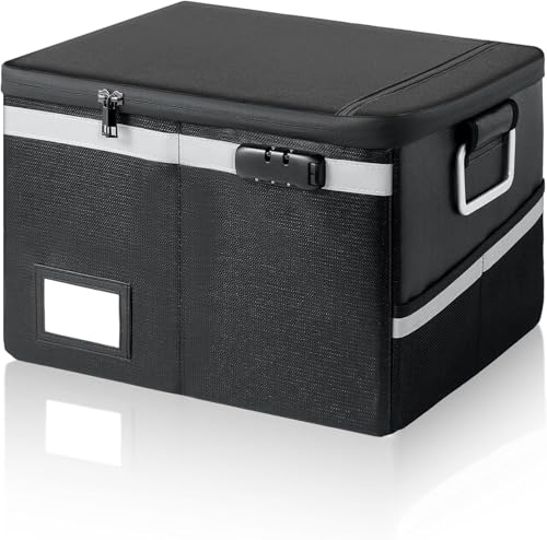 Fireproof Waterproof Document Box with Lock Collapsible Portable File Organizer Hard Shell Storage for Hanging Letter Legal Folders Home Office Safe Black 15.7x11.2x10.2in - color: Black