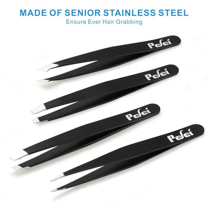 Pefei Tweezers Set - Professional Stainless Steel Tweezers for Eyebrows - Great Precision for Facial Hair, Splinter and Ingrown Hair Removal (Black) - size: 4 Piece set