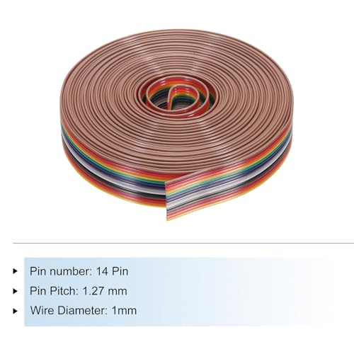 MECCANIXITY 1 Pcs 14 Pin Flat Rainbow Ribbon Cable 20 Ft 1.27mm Pitch Breadboard Jumper Wires for Electronic Projects - size: 20 Ft, style: 14P