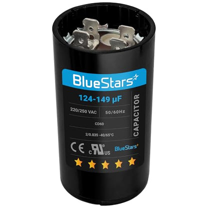 124-149 uf/MFD 220-250VAC Round Run Start Capacitor Replacement Part by BlueStars - Exact Fit for AC Motor Run or Fan Start and Cool or Heat Pump Air Conditioner - size: 124-149 MFD 220-250 VAC