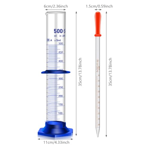 Thick Glass Graduated Cylinder Measuring Liquid Lab Cylinders with Anti-Falling Plastic Base and Bumper Guards and Glass Dropper (Glass, 500ML) - size: 500ML