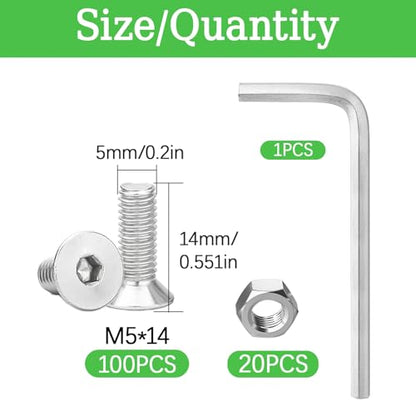 120Pcs M5x14 Flat Head Socket Cap Screws Countersunk Bolts, Allen Socket Drive, Stainless Steel 18-8 (304), Full Thread, Bright Finish - size: M5x14