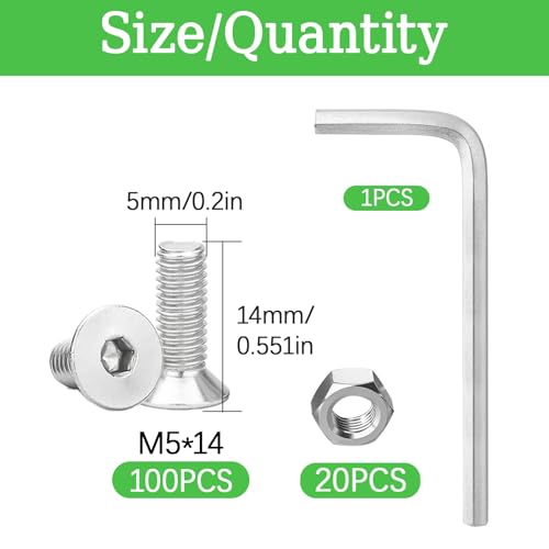 120Pcs M5x14 Flat Head Socket Cap Screws Countersunk Bolts, Allen Socket Drive, Stainless Steel 18-8 (304), Full Thread, Bright Finish - size: M5x14