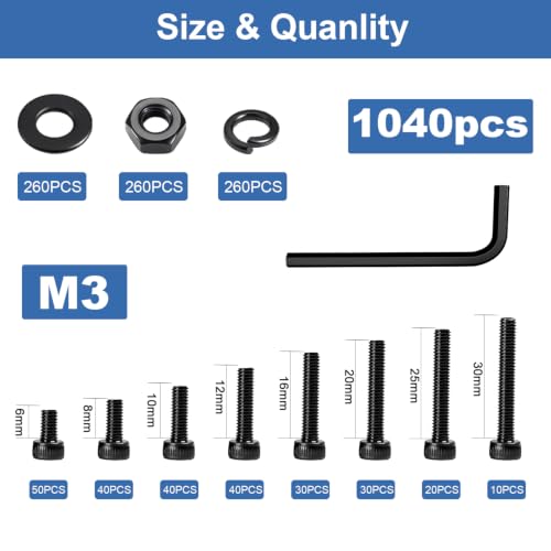 1040Pcs M3 Screw Kit, Hex Socket Head Cap M3 Screws, M3 Bolts Nuts Washers - color: Black, size: Black M3--1040 Pcs