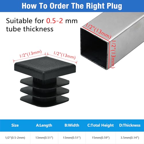 32 Pack 1/2" x 1/2" Black Square Tube End Cap Plastic Plugs - color: Black, size: 1/2" - 32 pcs