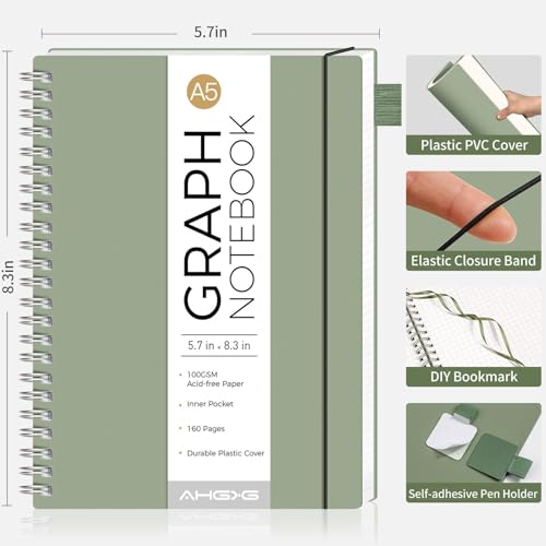 AHGXG Spiral Graph Paper Notebook, 160 Pages, A5 (5.7" x 8.3") - color: Sage Green, style: A5-Graph