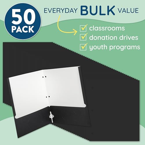 Blue Summit Black Folders with Pockets, Paper Black Pocket Folders with Business Card Holder, 3 Hole Punched, for Documents, Presentation, School, and Child Classes, Assorted Colors, 50 Pack - color: Black