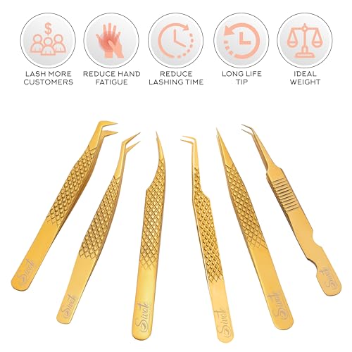 SIVOTE Eyelash Extension Tweezers Fiber Tips Japanese Steel, Set of 6 – Curved, Dolphin, 90° 45° Volume Boot & Slight Curved Tweezer – Professional Lash Tweezers for Lash Extensions Gold - color: Gold