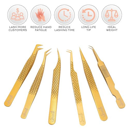 SIVOTE Eyelash Extension Tweezers Fiber Tips Japanese Steel, Set of 6 – Curved, Dolphin, 90° 45° Volume Boot & Slight Curved Tweezer – Professional Lash Tweezers for Lash Extensions Gold - color: Gold