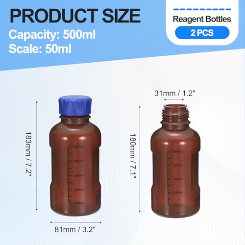 PATIKIL 500ml Reagent Bottle 2Pcs Graduated Storage Bottles PP Blue Brown - color: Brown, size: 500ml