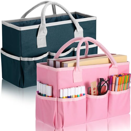 Tellingyou 2 Pcs Art Craft Tote Bag Teacher Craft Organizers and Storage Bag Desktop Tote Supply 600d Oxford Classroom Organizer Caddy Gift for Crafters Christmas Office(Dark Green, Pink) - color: Dark Green, Pink