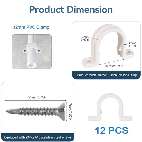 Pvc Pipe Strap,12Set PVC Pipe Clamps 1 inch,Juvaeny 32mm Conduit Strap Clamps with 24Pcs 410 Stainless Steel Screw for Two Hole Plastic Pipe Clamps (1 inch Conduit Pipe Clamps) - size: 32mm Conduit Strap