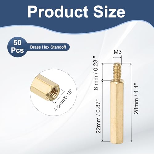 PATIKIL 50 Pcs Male to Female Thread Spacer Screws M3 x 22mm + 6mm Brass Hex Standoff PCB Motherboard Spacer Screw Nut for Drone Quadcopter Computer Electronic Projects Circuit Board - size: M3 x 22mm + 6mm