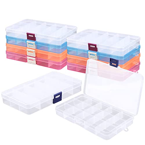 Cosics 10pcs Fake Nail Storage, 15-Grid Small Plastic Rhinestone Organizer Box, Acrylic False Nail Tips Container, Jewelry Display Holder, Tackle Hair Art Craft Accessories Empty Case with Dividers - color: 10PCS-Blue Buckle & Red Buckle & Pink & Orange &