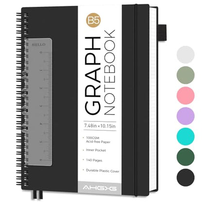 AHGXG Spiral Graph Paper Notebook, 140 Pages, B5 (7.6" x 10") - color: Black, style: B5-Graph