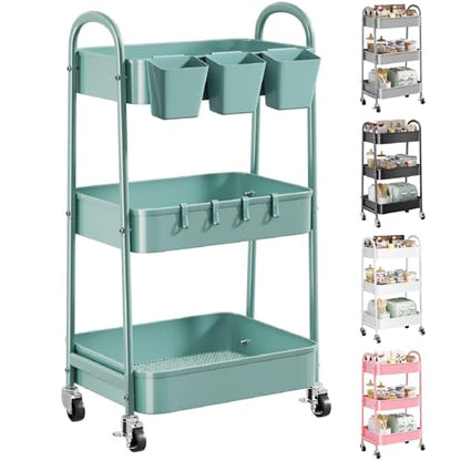 3 Tier Green Metal Rolling Cart with Lockable Wheels, 3 Tiered Roller Shelf - color: Elegant Green, size: 3 tier