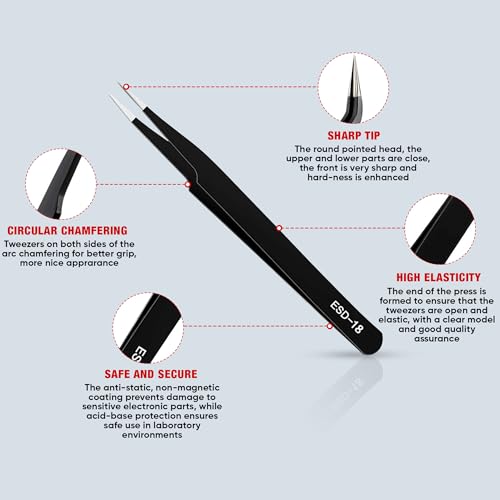Precision Tweezers Set, 5PCS Upgraded Anti-Static Stainless Steel ESD Tweezers Kit for Electronics Repair, Soldering, Laboratory Work, Jewelry-Making, Model Building, Crafts with Storage Bag
