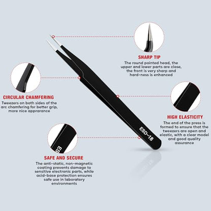 Precision Tweezers Set, 5PCS Upgraded Anti-Static Stainless Steel ESD Tweezers Kit for Electronics Repair, Soldering, Laboratory Work, Jewelry-Making, Model Building, Crafts with Storage Bag