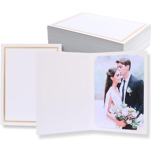 50 Count Photo Folders for 4x6 or 5x7 Pictures,Paper Picture Frames,Cardboard Greeting Photo Frame Cards for Graduation Wedding Birthday Classroom DIY (White with Gold Trim) - style: 50CT - White