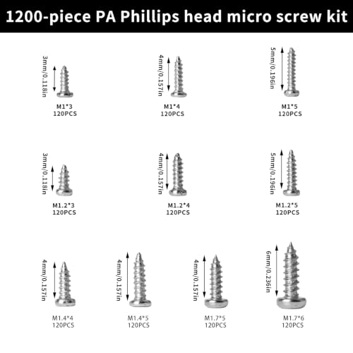 1200 Pcs Mini Screw Kit, Miniature Phillips Self Tapping Tiny Screws for Glasses Electronic Sunglasses Machine Watch Repair Screws Assortment (M1/M1.2/M1.4/M1.7) - size: 5.43*3.07*0.67