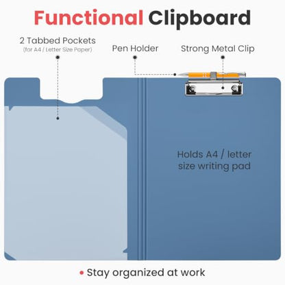 Sooez Foldable Clipboard Folder, A4 Folding Clip Board with Pen Loop - color: Gray Blue