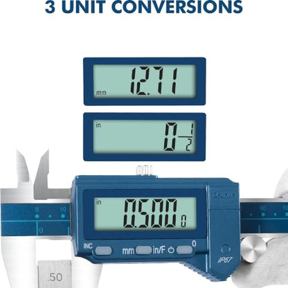 Dasqua 6”/150mm IP67 Absolute Origin Digital Caliper, Stainless Steel, Accuracy ±0.001”/0.02mm, Resolution 0.0005"/0.01mm/1/128, Water/Coolant/Dust Protection, in/mm/Fraction Conversion - color: Blue Case Cover, size: 6"/150mm