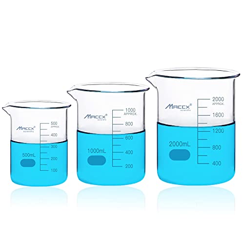Sturdy Glass Beakers, 3 Sizes of 500ml 1000ml 2000ml,3.3 Borosilicate Griffin Low Form with Printed Graduation, BKLS05-003 - style: Vol.500ml 1000ml 2000ml