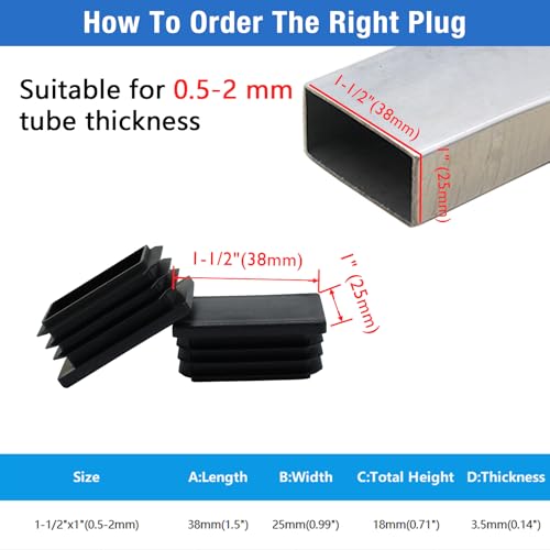 4 Pack 1-1/2"x1 Black Rectangular Tube End Cap Plastic Plugs - color: Black, size: 1-1/2" x 1" - 4 pcs