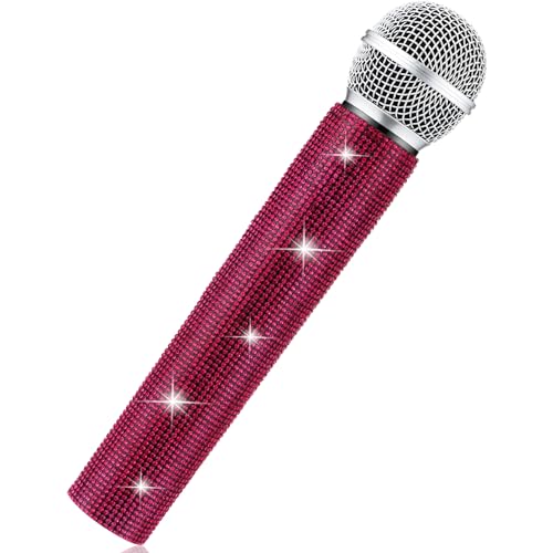 Sanwuta Fake Microphone Prop Sparkly Bling Rhinestones Plastic Play Microphone Pretend Glitter Bedazzled Mic for Cosplay Party Costume(Dark Pink) - color: Dark Pink