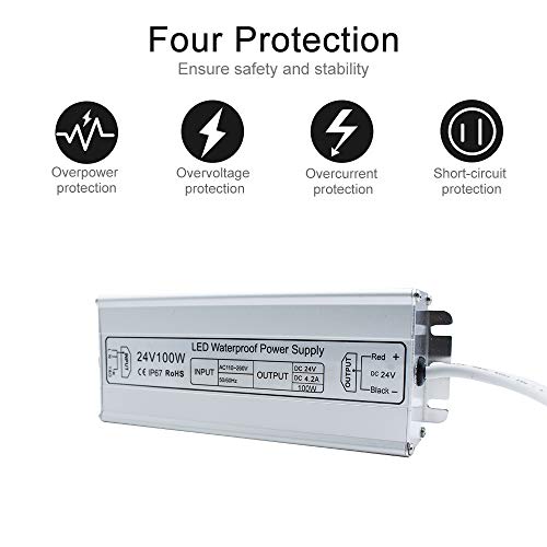inShareplus 24 Volt LED Power Supply, 100W IP67 Waterproof Outdoor Driver,AC 110-260V to DC 24V 4.2A Low Voltage Transformer, Adapter with 3-Prong Plug for LED Light, Computer Project, Outdoor Use - style: 24V 100W
