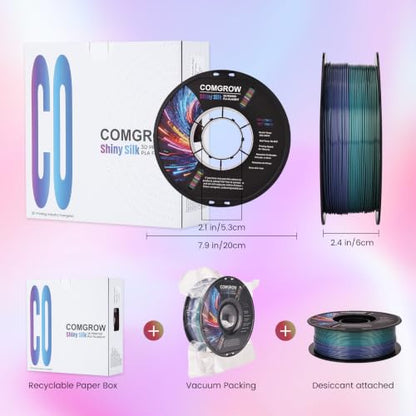 Comgrow Rainbow Colors Silk PLA 3D Printer Filament, PLA Filament 1.75mm, Dimensional Accuracy +/- 0.02 mm, 1KG Spool, Coextrusion 3D Filament with Shiny Silk Rainbow Red - color: Rainbow Red