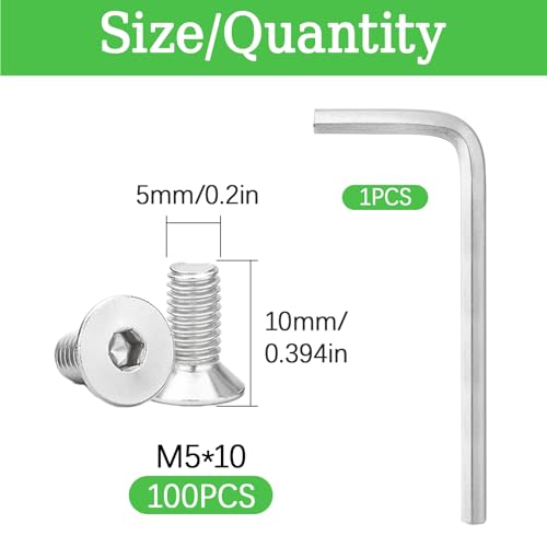100Pcs M5x10mm Stainless Steel Flat Head Socket Cap Screws, Full Thread Allen Drive Countersunk Bolts, Bright Finish, Ideal for DIY & Home Repair - size: M5x10