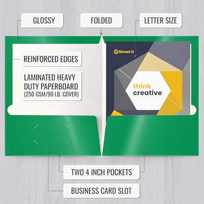 Better Office Products 2 Pocket Glossy Laminated Green Paper Folders, Letter Size, 25 Pack, Green Paper Portfolios, Box of 25 - color: Green