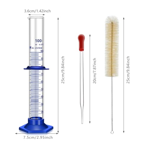 Thick Glass Graduated Cylinder Measuring Liquid Lab Cylinders with Anti-Falling Plastic Base and Bumper Guards and Cylinder Brush (Glass, 100ML) - size: 100ML