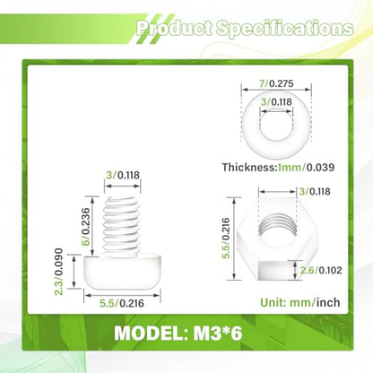 300 Pieces/100 Sets 6mm M3x6 mm Nylon White Screw Nut Washer Kit - size: M3*6 mm, style: White Phillips Head Screws
