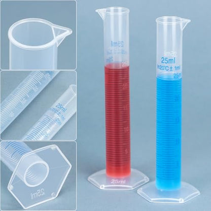 QWORK 25 ml Plastic Measuring Cylinders, 10 Pieces Lab-Tested Graduated Cylinders with Hexagonal Base