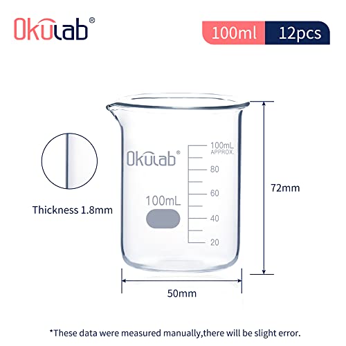 100mL Glass Beaker, Low Form, Graduated 3.3 Borosilicate Glass Beaker Set (case of 12) for Lab, Classroom, Craft, Kitchen, .BKLG100B12 - style: Vol.100ml, Case of 12