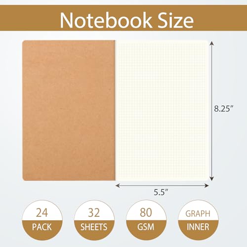 zmybcpack 24 Pack A5 Size Kraft Graph Paper Notebook, 8.26"x5.5", - size: 8.26 x 5.5 inches (Graph, 24 pack)