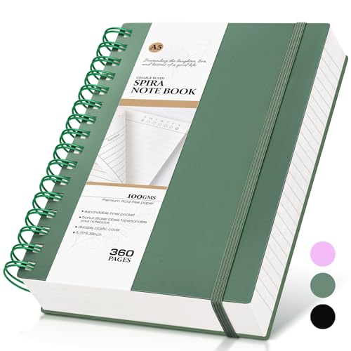 MUAHLIUB Spiral Notebook Journal,360 Pages College Ruled Notebook, Lined Thick Journals for Women Men,A5 Thick Spiral Journal for Writing,100GSM Paper, Spiral Notebooks for Work School 5.5"x8.5" Green - color: Darkgreen, size: A5