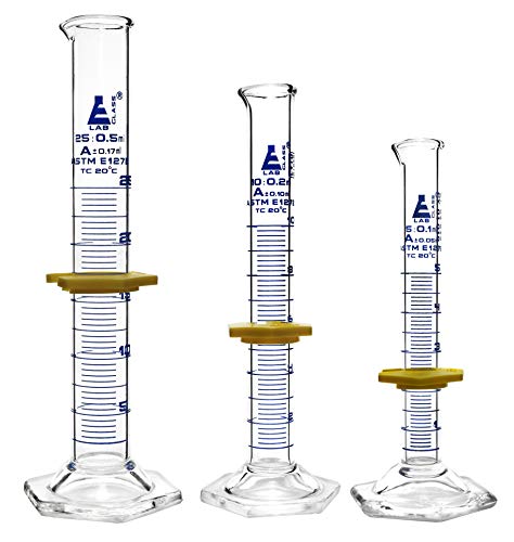Graduated Cylinders 3 Piece Set - ASTM, Class A - 5mL, 10mL & 25mL - Protective Collars, Hexagonal Base - Blue Graduations - Borosilicate 3.3 Glass - Eisco Labs