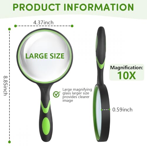 SenseYo 10X Handheld Magnifying Glass 9 Inch Large Reading Magnifier with Scratch Resistant Glass Lens for Kids Seniors Hobby Nature Exploration Scientific Activities (Green) - color: Green 1pcs