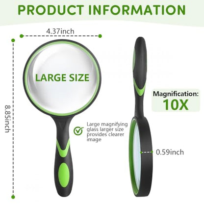 SenseYo 10X Handheld Magnifying Glass 9 Inch Large Reading Magnifier with Scratch Resistant Glass Lens for Kids Seniors Hobby Nature Exploration Scientific Activities (Green) - color: Green 1pcs