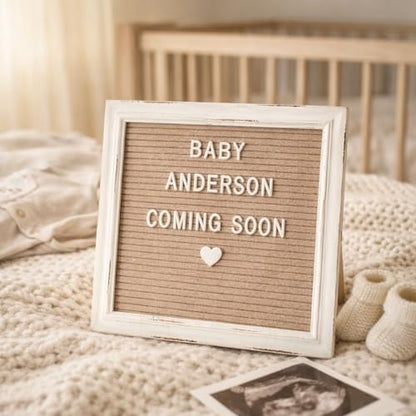 Cappuccino Felt Letter Board Back to School Sign with Rustic Wood White Frame - Farmhouse Letter Board Sign with Stand - Baby Announcement 10x10 Felt Board Changeable Message Board with 350 Letter Set - color: Cappuccino, size: 10x10 inches