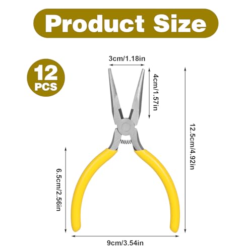 12 Pcs Needle Nose Pliers, 5 Inch Long Nose Pliers Set with Rubber Handle Mini Spring Loaded Needle Noses Plier with Side Cutter for Jewelry Making, Wire Bending Cutting, Electronics Craft