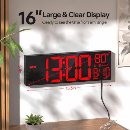 JALL 16.2" Large Digital Wall Clock with RGB Lights, Digital Clock with BT Sync, Clocks for Living Room, Wall Clock with Auto DST, Temperature for Classroom (Red) - color: Red, size: 16.2 inches