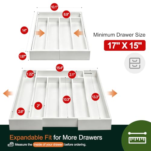 Expandable Bamboo Kitchen Drawer Organizer for Cutlery and Utensils, Adjustable Bamboo Wood Cutlery Tray in Drawer for Flatware and Silverware in Kitchen, (White) - color: White, size: 7 Slots Expandable