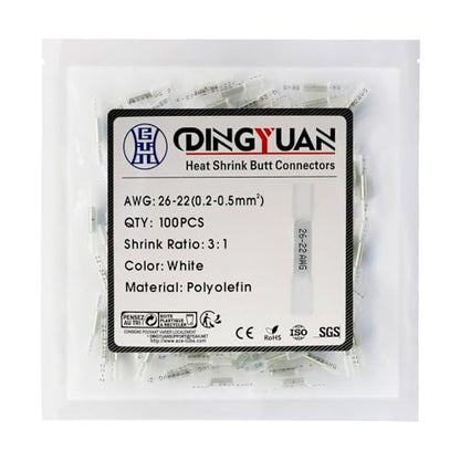 Heat Shrink Crimp Butt Connectors, 26-22 AWG, White, 100PCS - size: White 100PCS